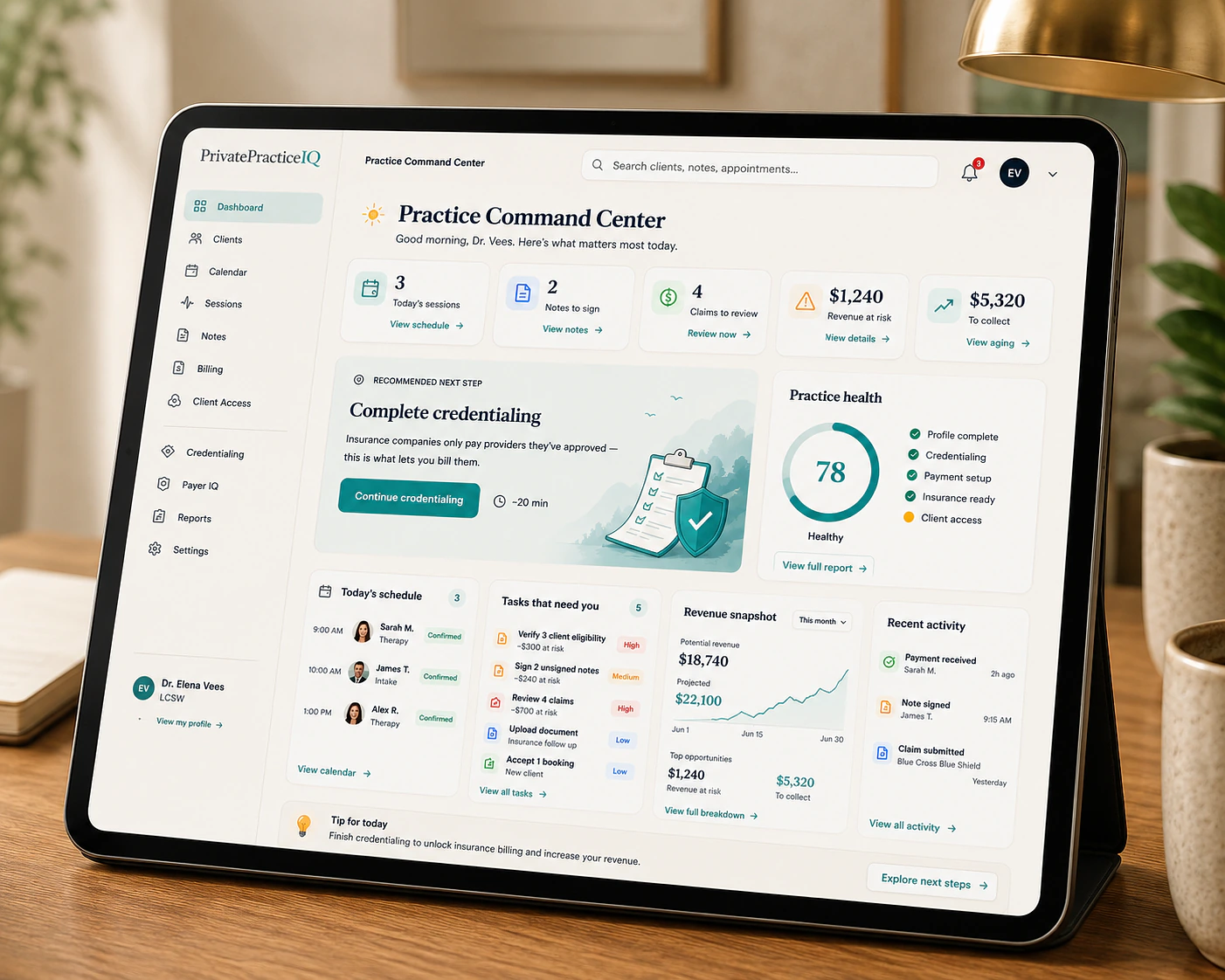 PrivatePracticeIQ Practice Command Center dashboard on a tablet in a warm private-practice office